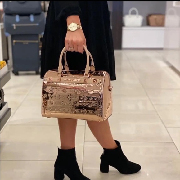 Michael Kors Kara Mirror Metallic Embossed Large Duffle Satchel Bag in Rose Gold - Picture 13 of 14